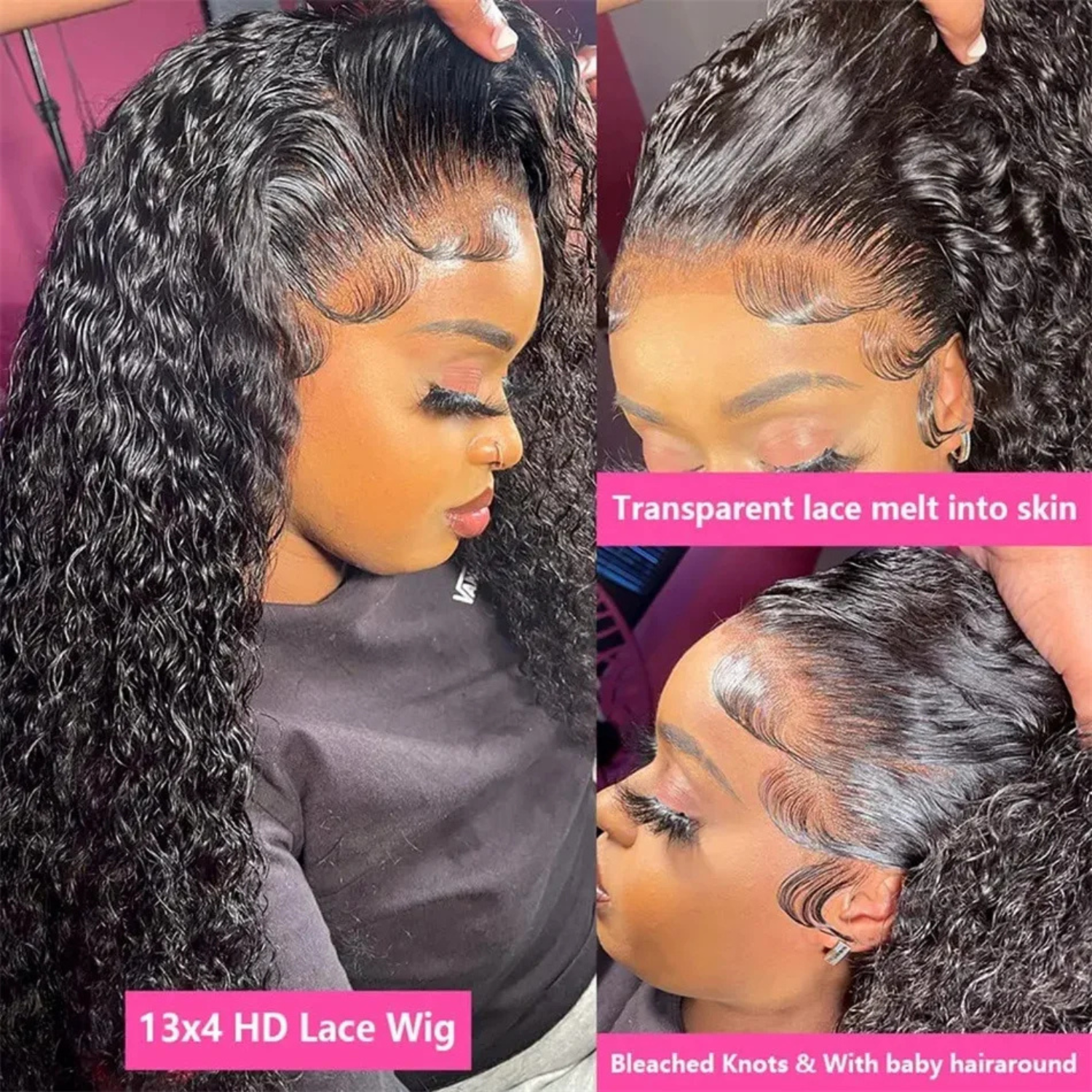 13x4 HD lace front human hair wig with deep wave texture, transparent lace melting into skin, pre-plucked hairline with baby hair and bleached knots, natural black Brazilian Remy wig