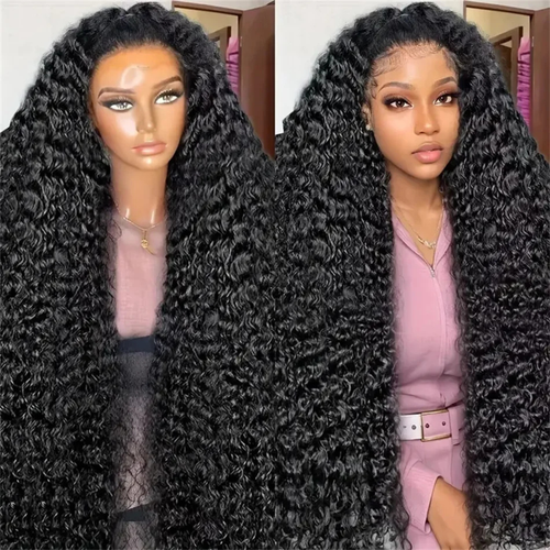 13x6 deep wave human hair lace wig 30 inch Brazilian Remy HD lace frontal wig with loose water wave curls, pre-plucked hairline, natural black color, long curly wig for women