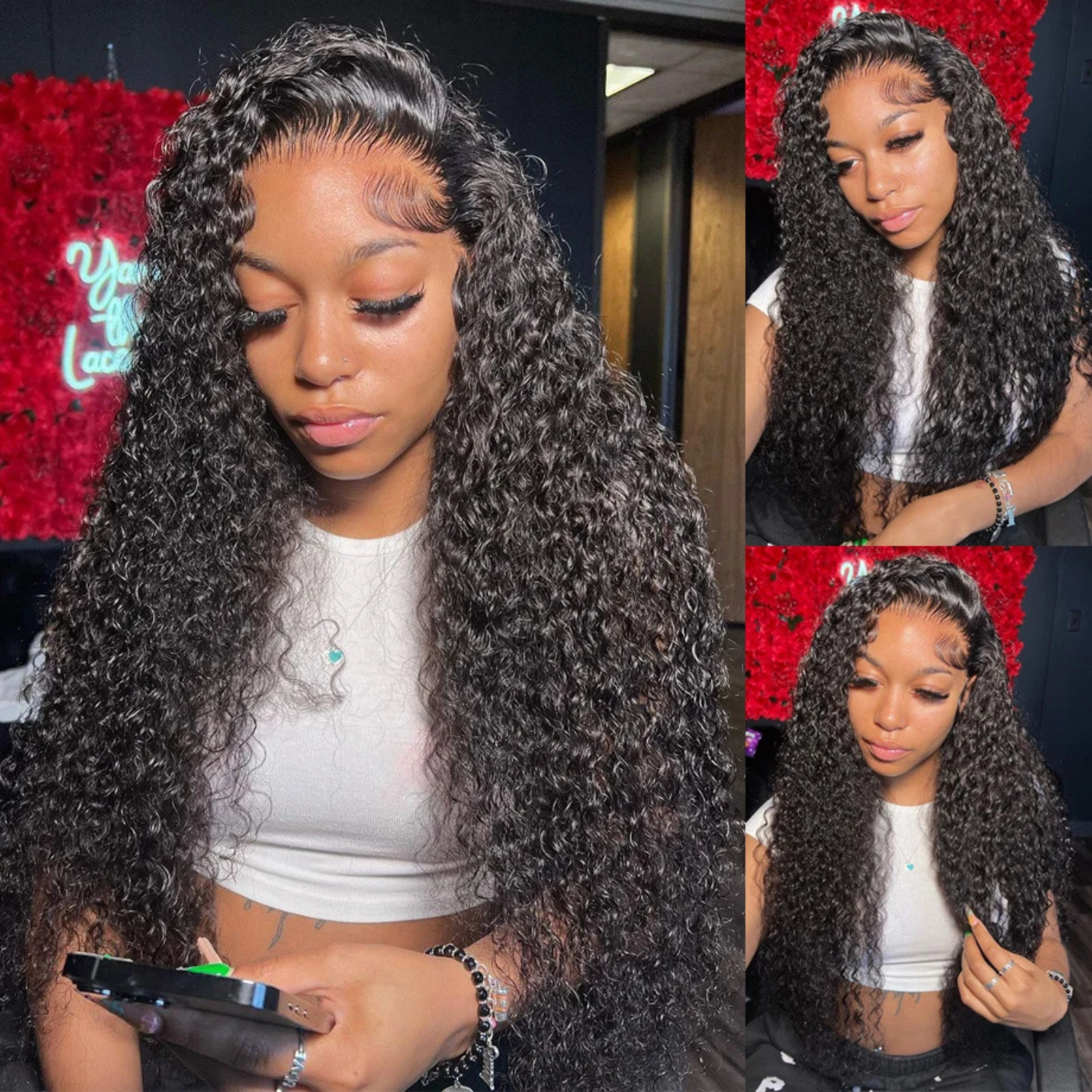 13x6 deep wave human hair lace wig with HD transparent lace, Brazilian Remy curly texture, pre-plucked hairline, natural black long wig styled on model for women