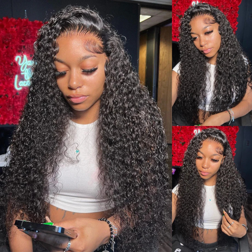 13x6 deep wave human hair lace wig with HD transparent lace, Brazilian Remy curly texture, pre-plucked hairline, natural black long wig styled on model for women