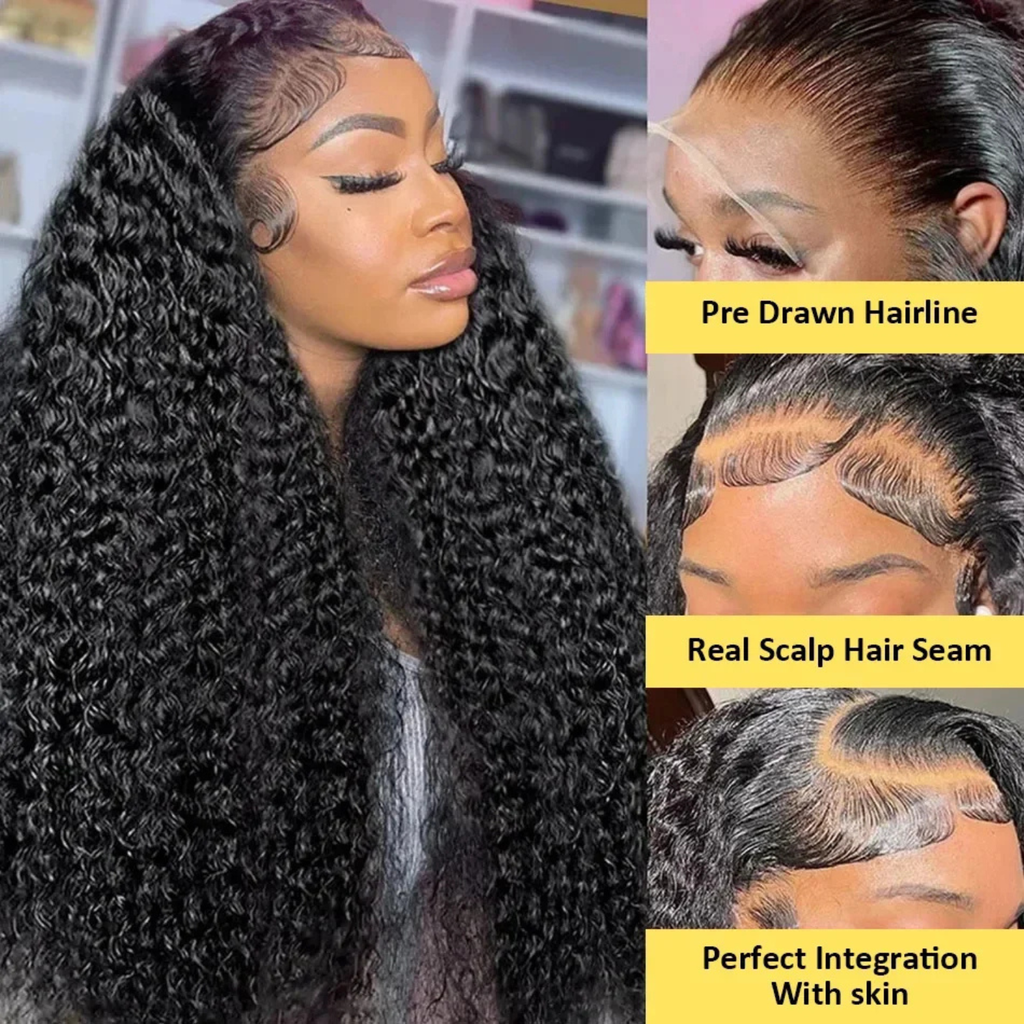13x6 deep wave human hair lace wig with HD transparent lace, pre-plucked natural hairline, real scalp parting, Brazilian Remy curly texture in natural black color for women