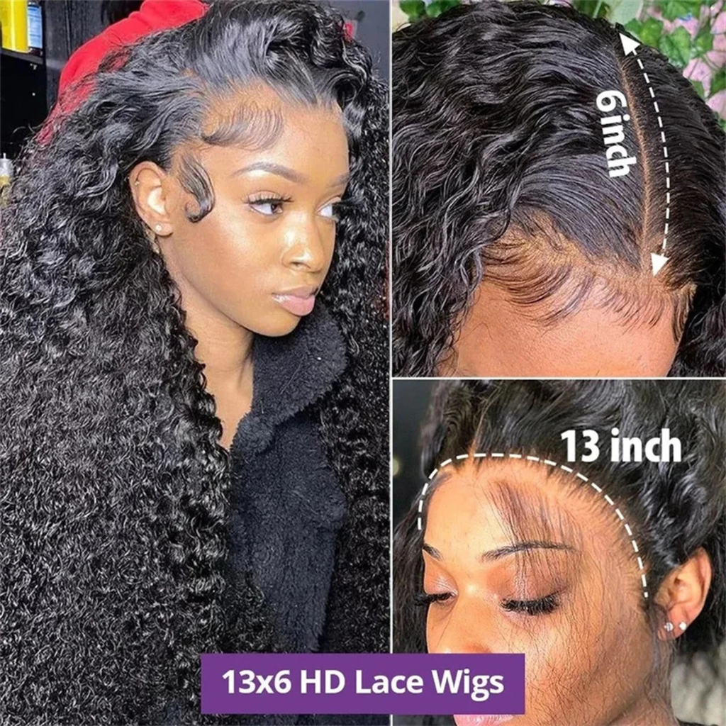 13x6 HD lace front human hair wig with deep wave texture, Brazilian Remy hair, pre-plucked natural hairline with 13 inch frontal and 6 inch parting space, long natural black wig for women