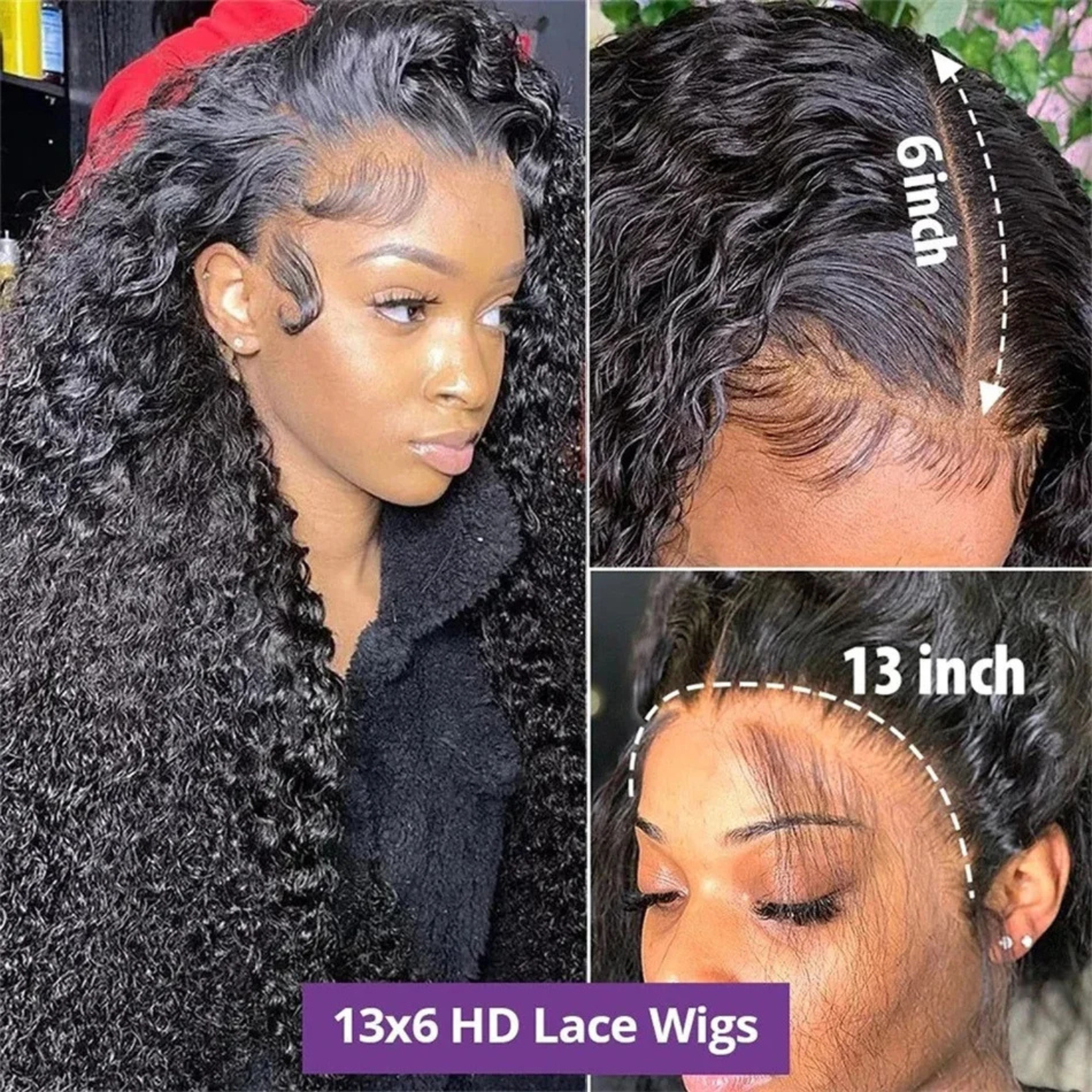 13x6 HD lace front human hair wig with deep wave texture, Brazilian Remy hair, pre-plucked natural hairline with 13 inch frontal and 6 inch parting space, long natural black wig for women
