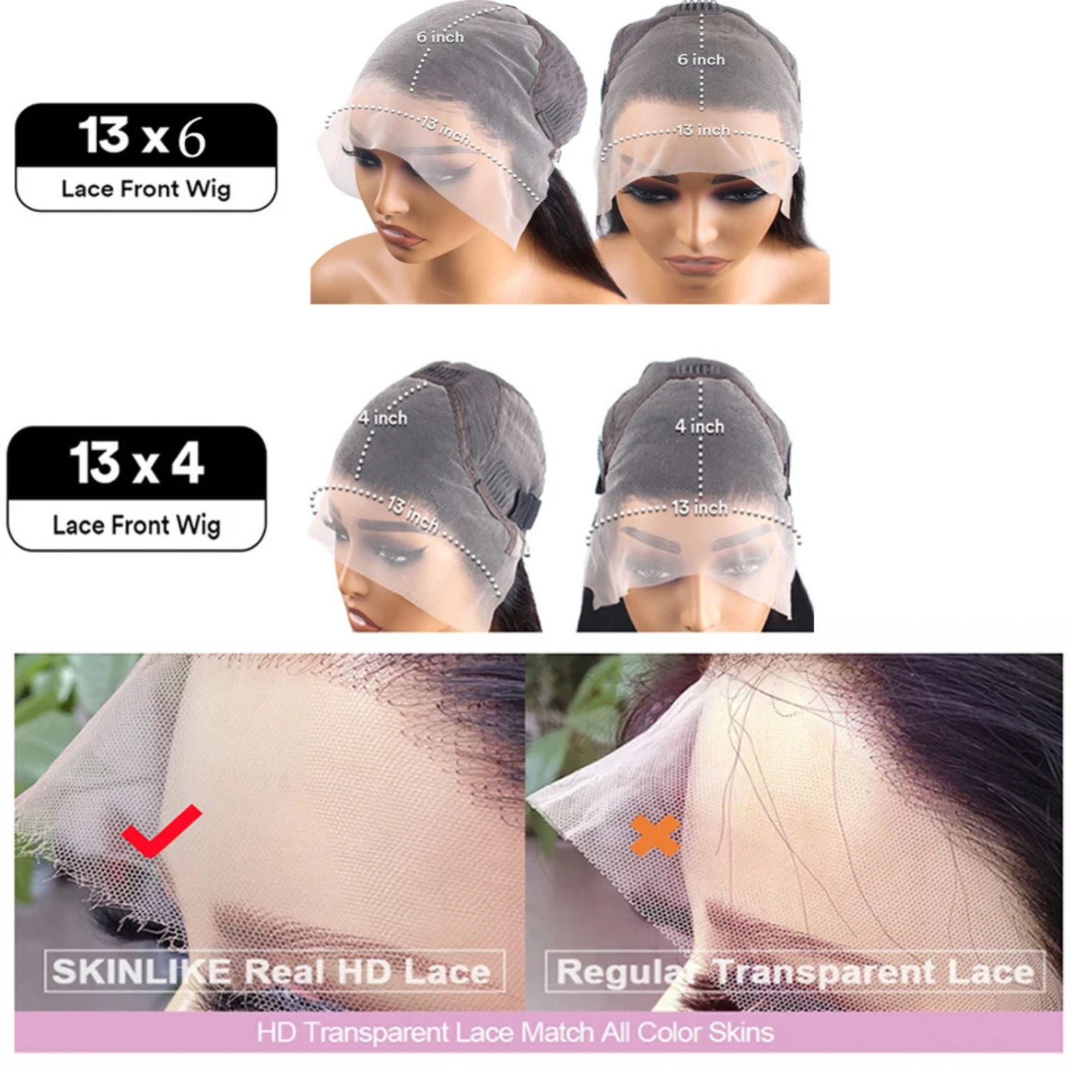 Comparison of 13x6 and 13x4 HD lace front wigs showing lace size differences, parting space, and HD transparent lace vs regular lace for human hair wigs