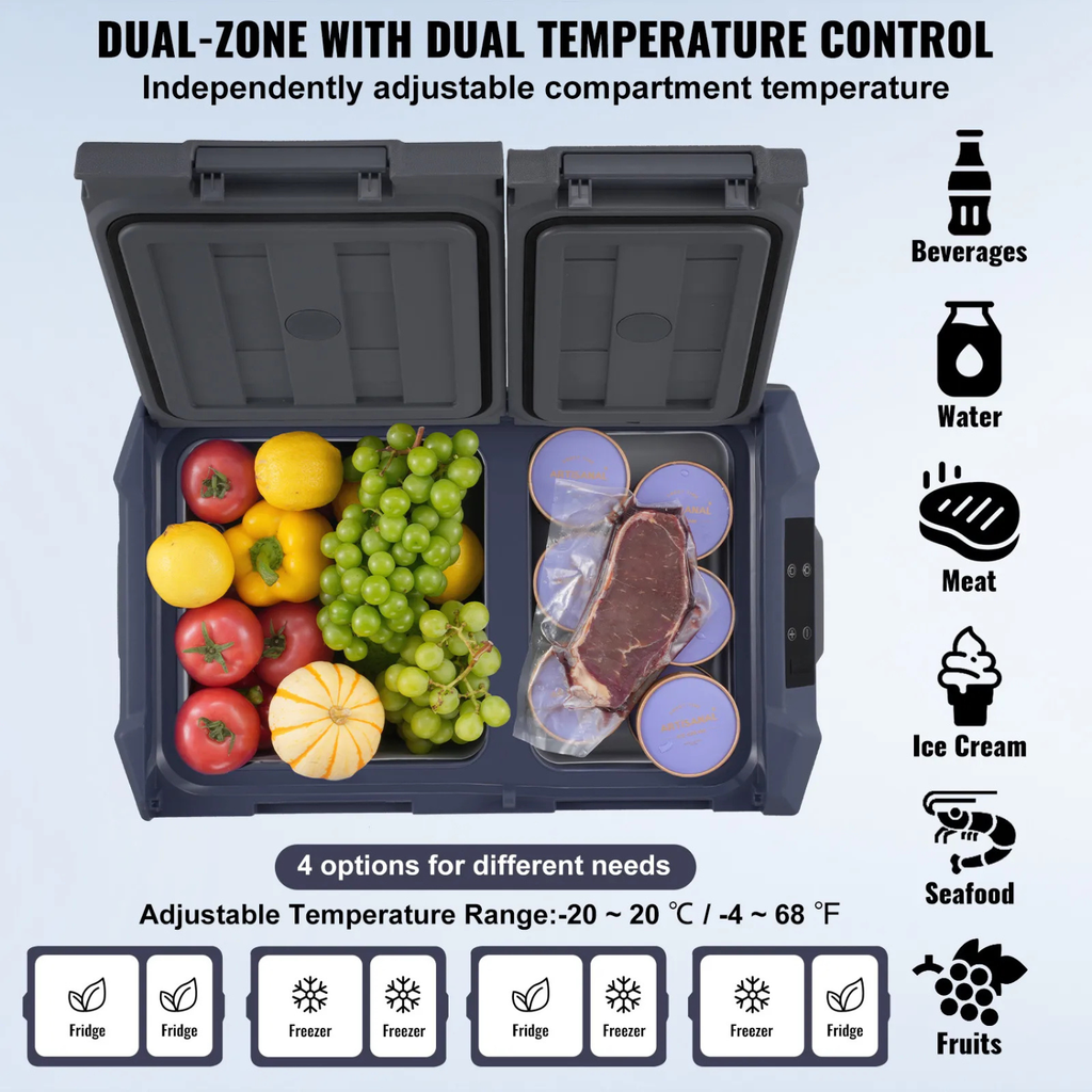 32L dual zone car refrigerator freezer with independent temperature control storing fruits meat drinks and ice cream for travel and outdoor use
