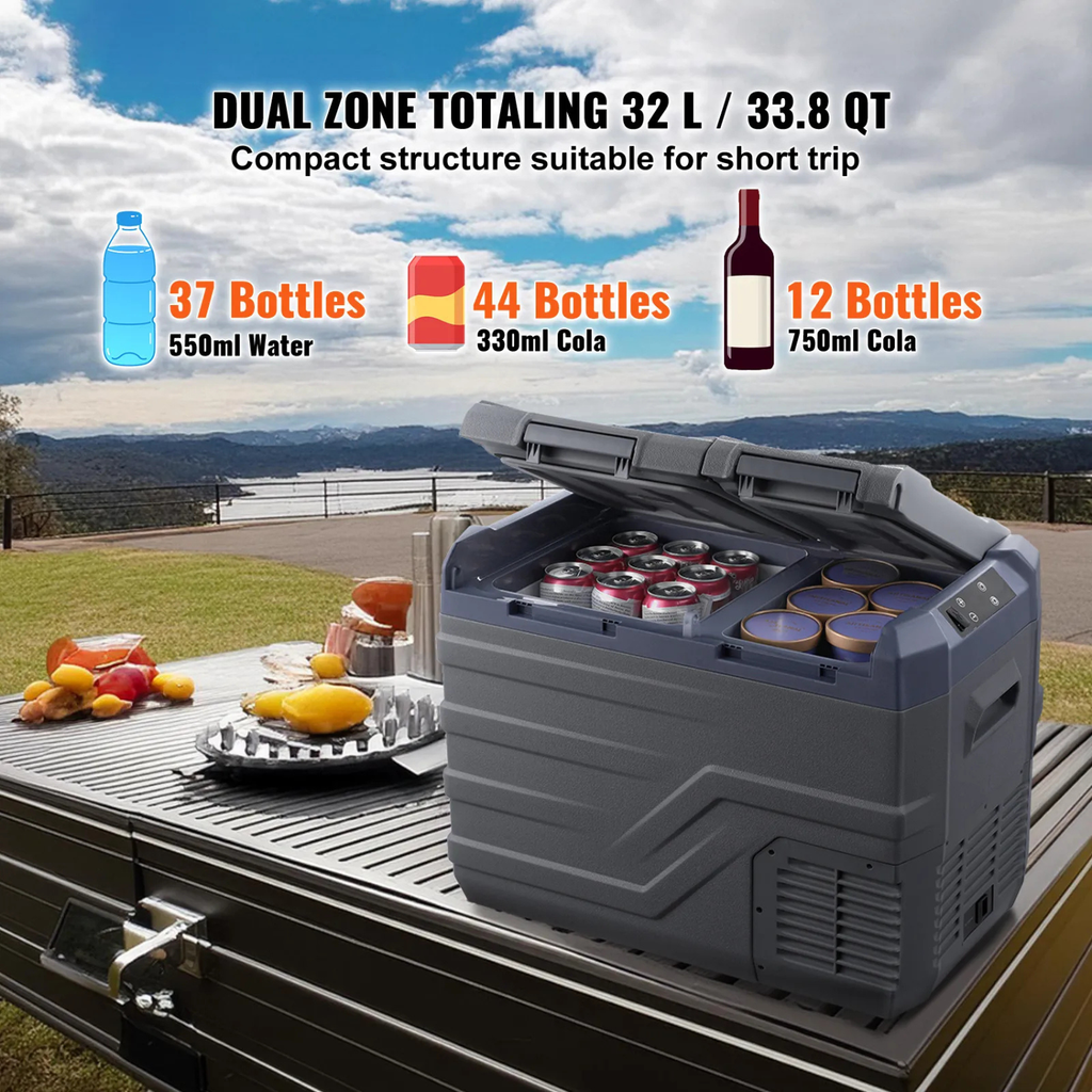 32L dual zone portable car refrigerator freezer showing storage capacity for bottles and cans, ideal for camping road trips and outdoor travel