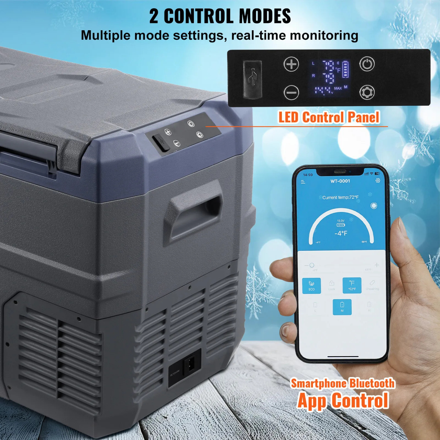 32L portable car refrigerator freezer with LED control panel and smartphone Bluetooth app control for temperature monitoring and adjustment
