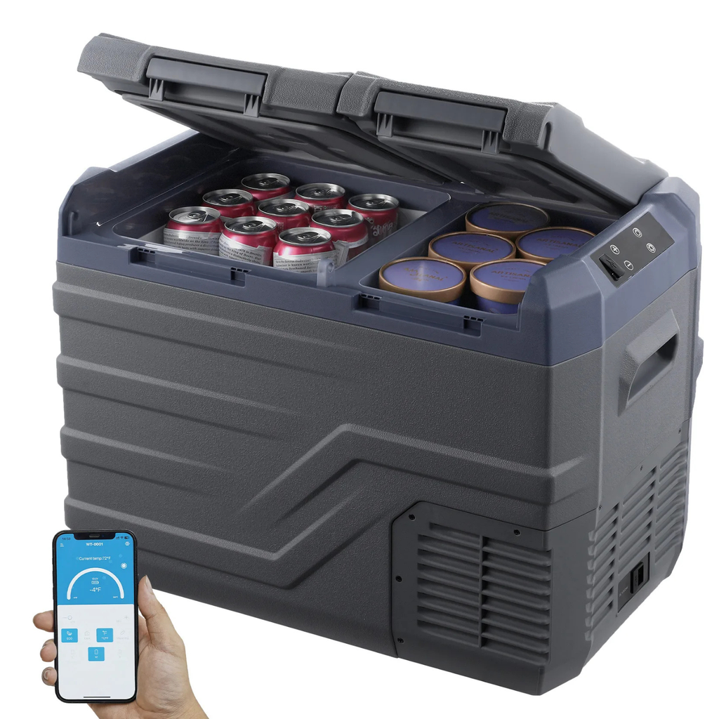 32L portable car refrigerator freezer with dual zone cooling, compressor system, and smart app temperature control storing drinks and food for travel and camping
