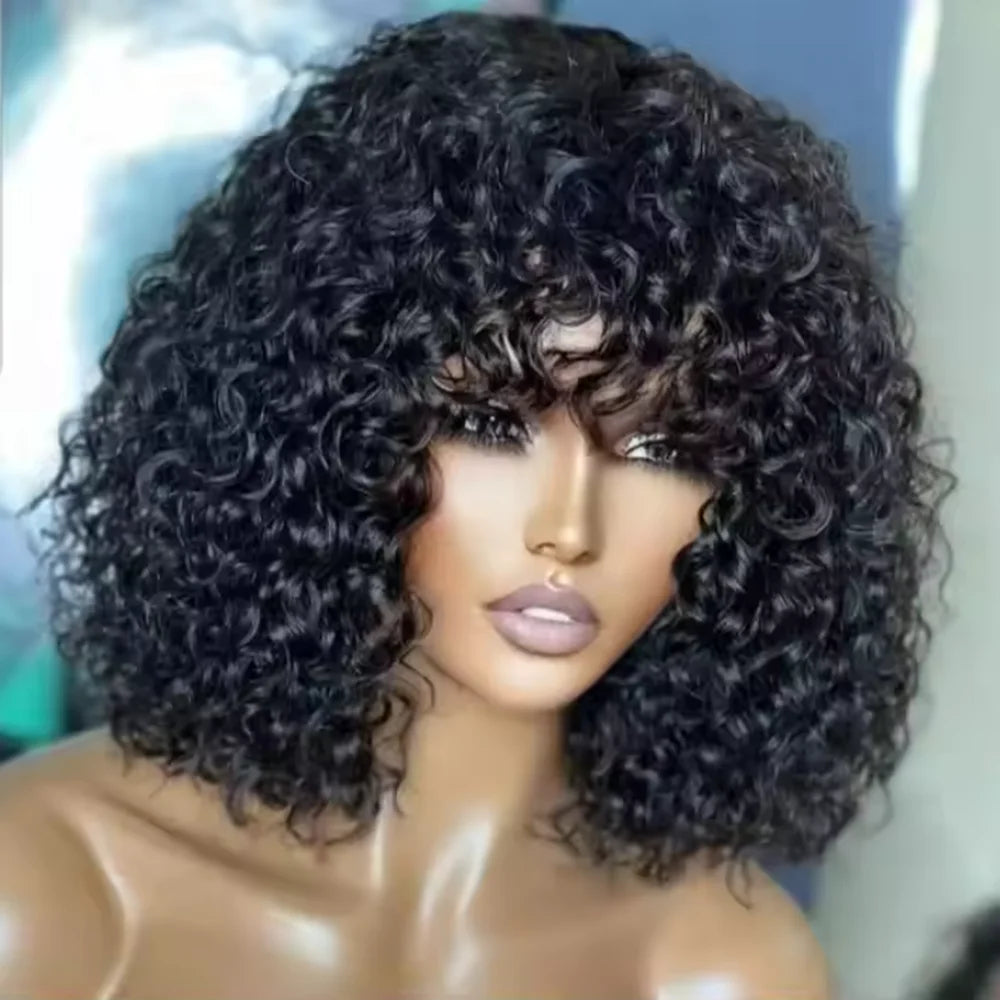 Short Bob Afro Kinky Curly Human Hair Wig with Bangs – Natural Black