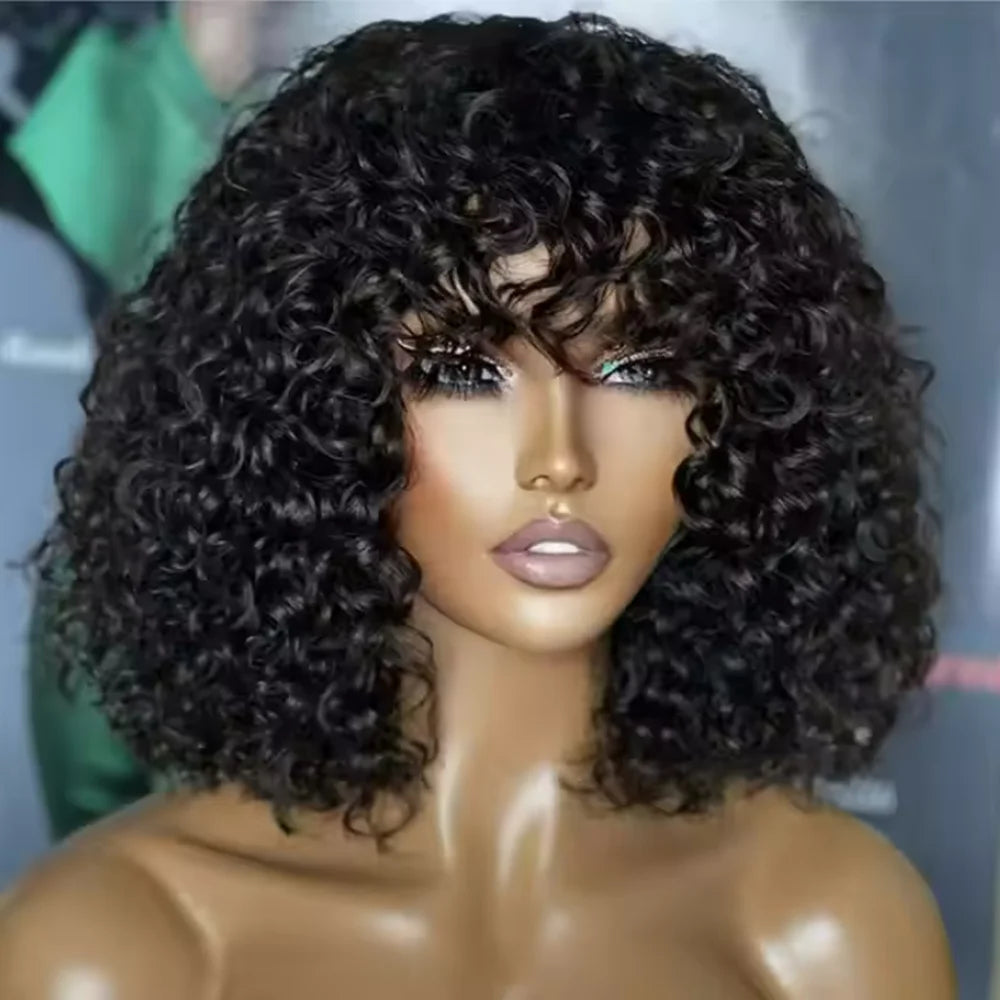 Short Bob Afro Kinky Curly Human Hair Wig with Bangs – Natural Black