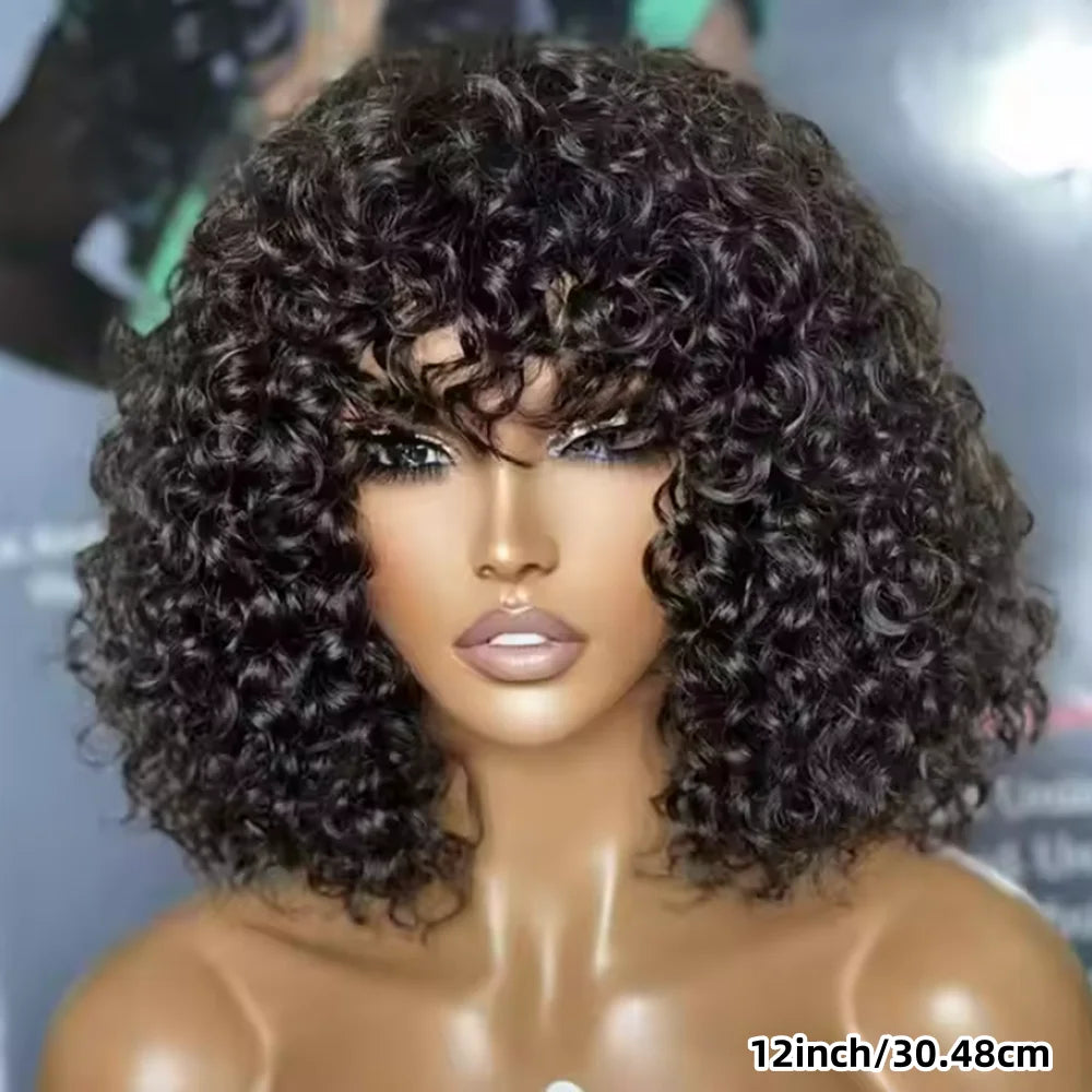 Short Bob Afro Kinky Curly Human Hair Wig with Bangs – Natural Black