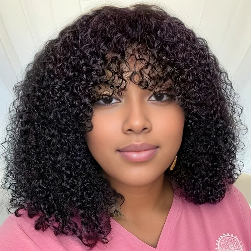 Short Bob Afro Kinky Curly Human Hair Wig with Bangs – Natural Black