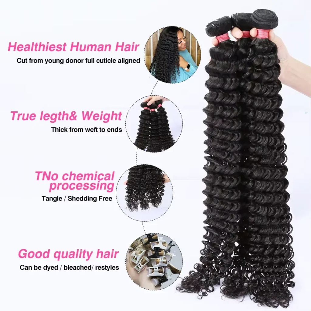 Rosabeauty Brazilian deep wave remy human hair bundles unprocessed virgin natural black curly weave extensions showing full cuticle aligned thick ends tangle free high quality hair