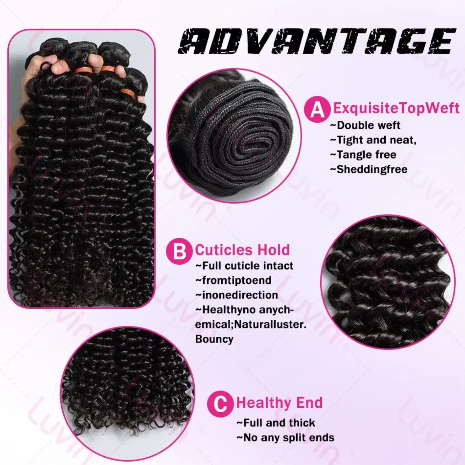Rosabeauty Brazilian deep wave human hair bundles advantages showing double weft construction cuticle aligned remy virgin hair with thick healthy ends natural black extensions