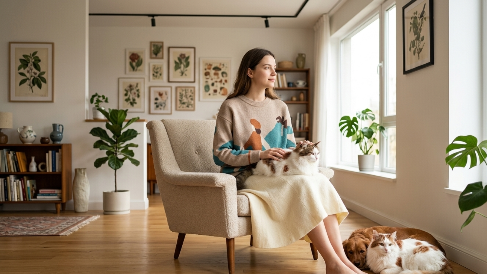 Model wearing Havenicstore's whimsical illustrated knit sweater and cream pleated skirt set from the Clothing & Fashion collection. The beige sweater features a unique graphic of a woman and pets, styled in a cozy home setting with plants and natural light.
