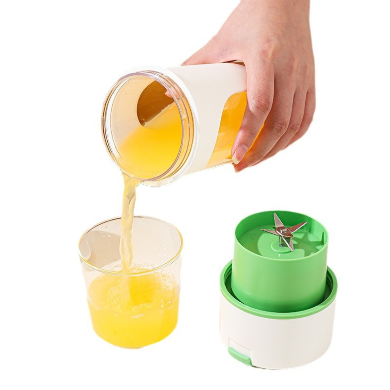 Havenicstores portable USB rechargeable blender cup 400ml with detachable blade base pouring fresh juice into glass, compact smoothie maker for home and travel use