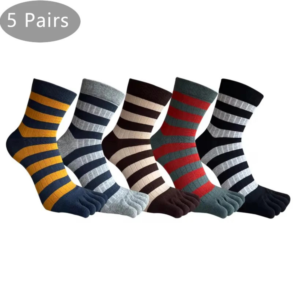 Men’s 5 pairs striped five finger cotton socks breathable antibacterial toe socks business casual crew socks for all seasons