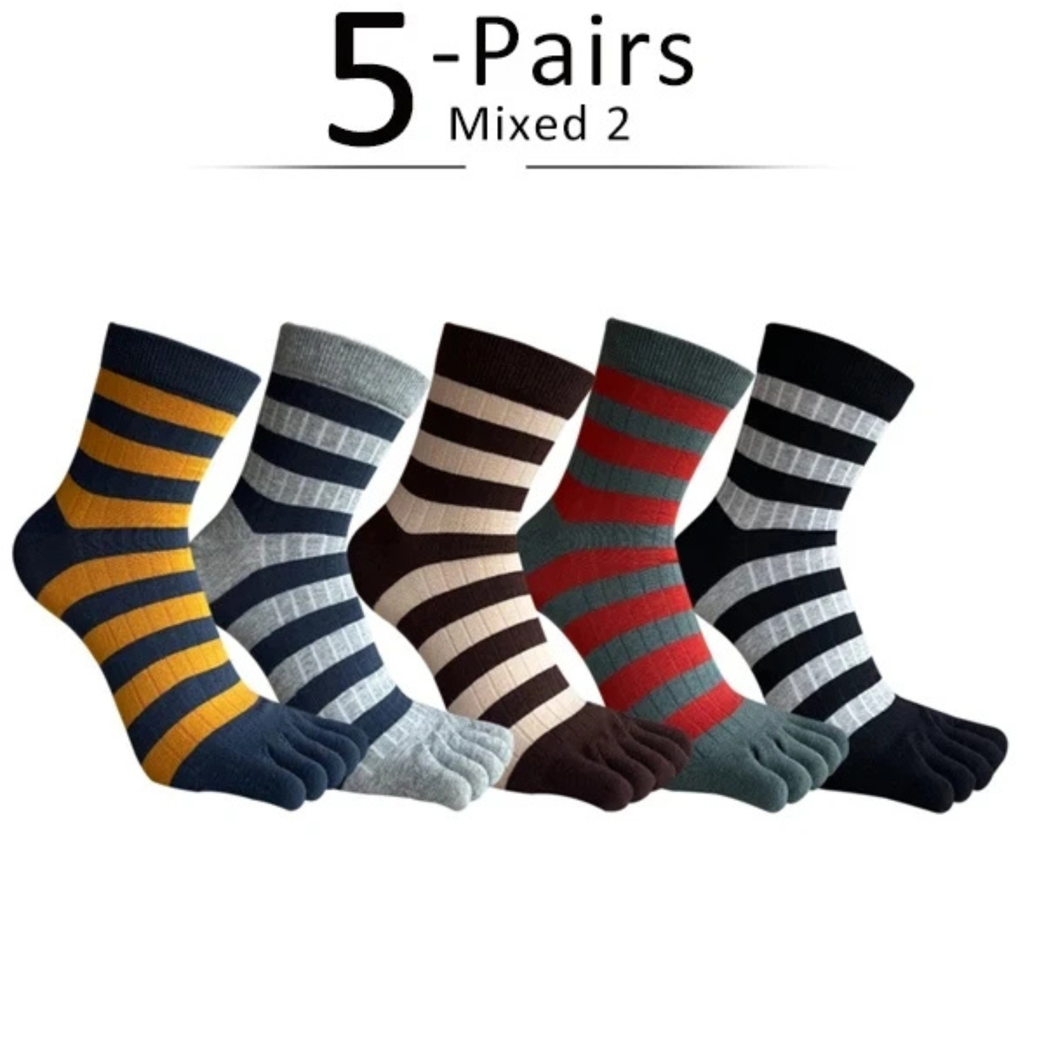 Men’s 5 pairs striped five finger cotton socks breathable casual toe socks crew length mixed color pack comfortable everyday wear