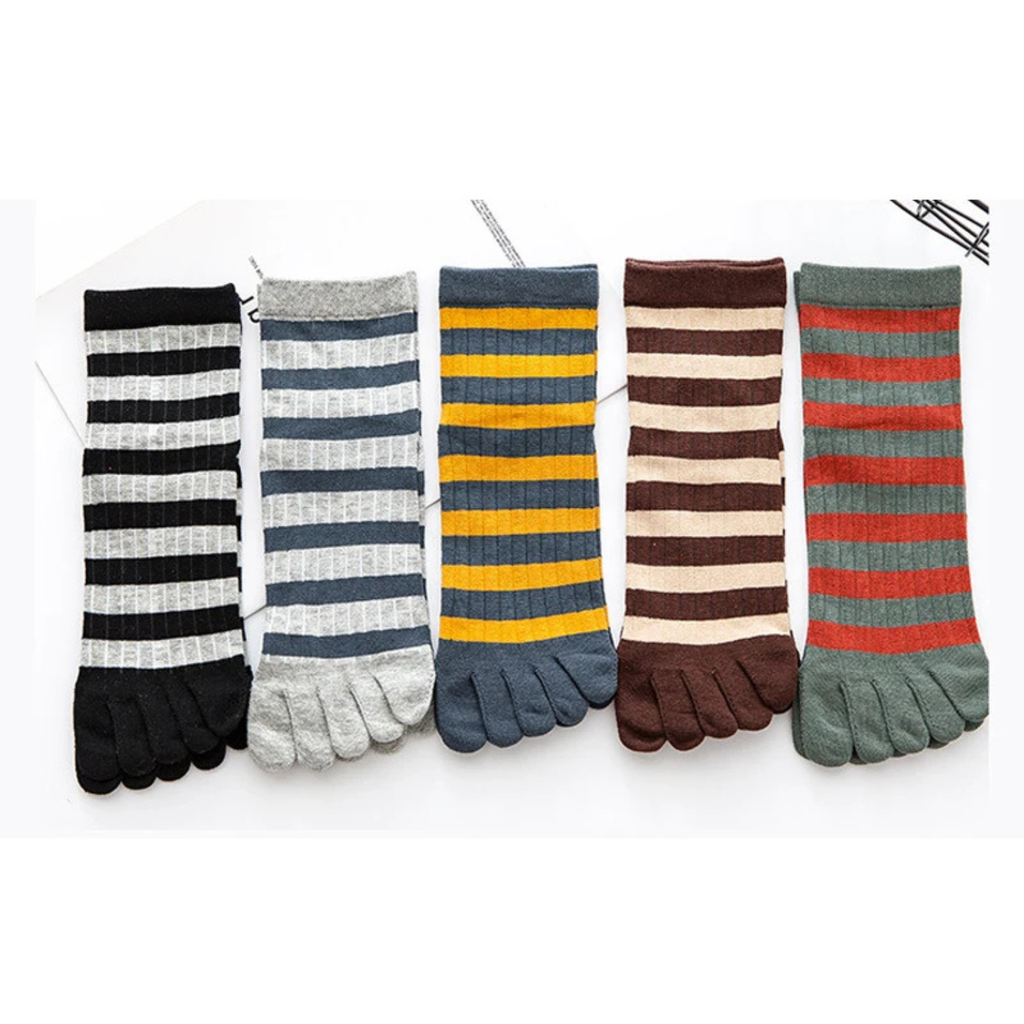 Set of 5 pairs men’s striped five finger cotton socks breathable casual toe socks crew length multicolor variety pack comfortable everyday wear