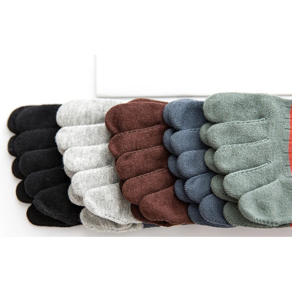 Close up of men’s multicolor five finger cotton socks soft breathable toe socks crew length comfortable everyday wear pack