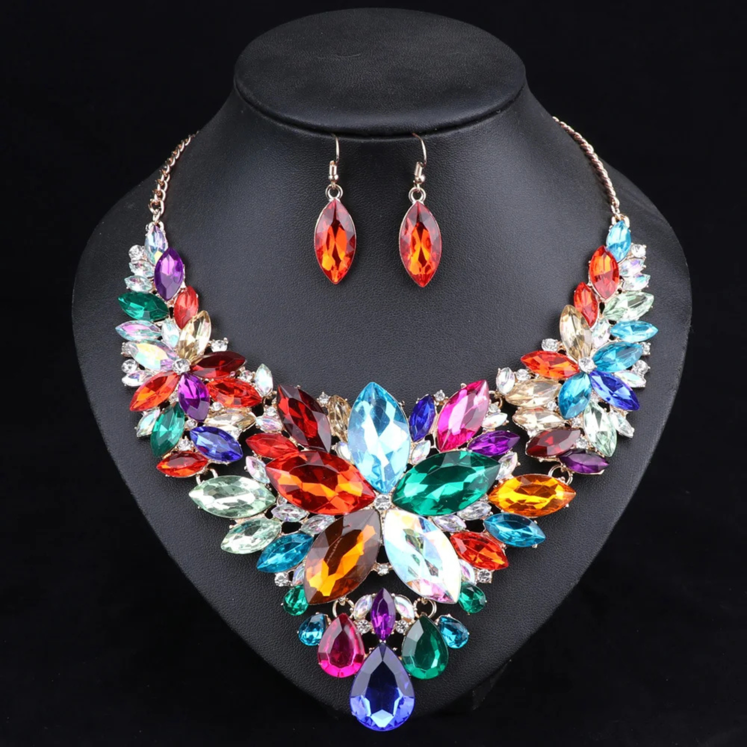 Luxury multicolor crystal bridal jewelry set with floral statement necklace and matching earrings, perfect for weddings, parties, and special occasions