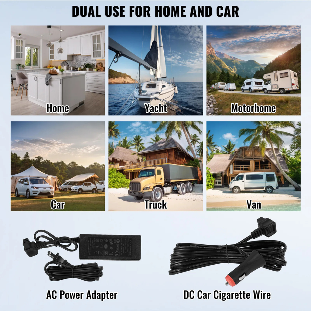 portable car refrigerator freezer for home and car use with AC power adapter and DC cigarette lighter cable for travel camping and outdoor applications