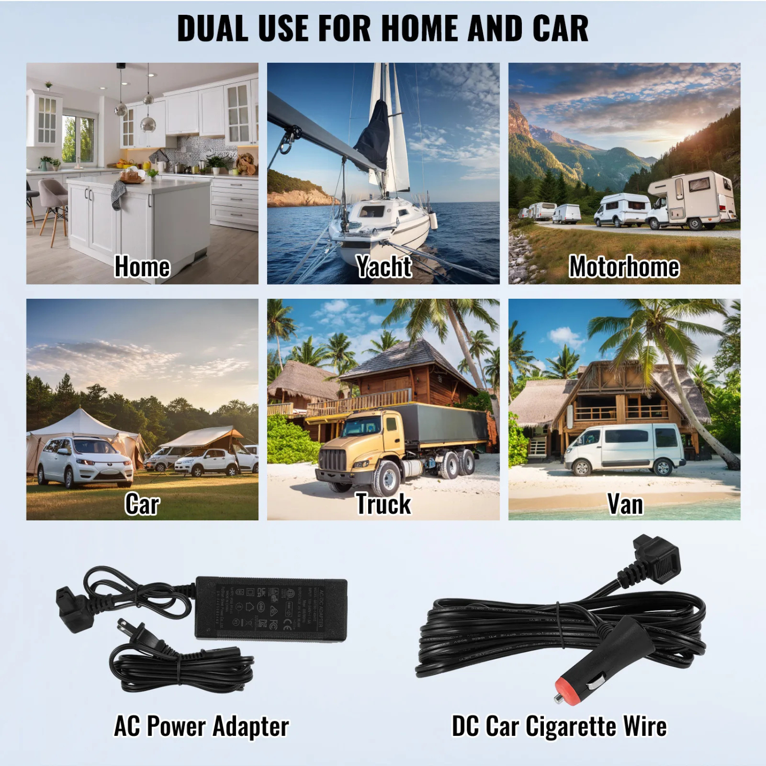 portable car refrigerator freezer for home and car use with AC power adapter and DC cigarette lighter cable for travel camping and outdoor applications