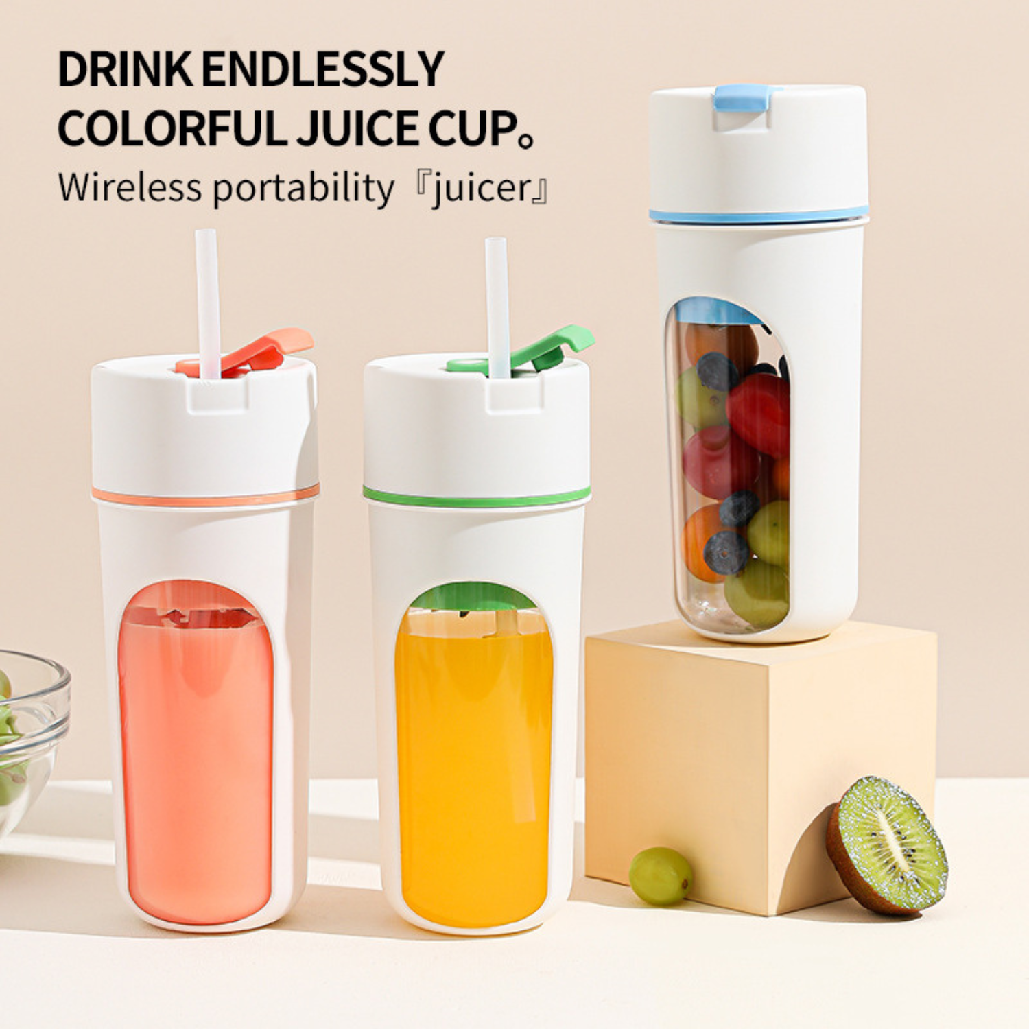 Portable wireless juice blender cup with straw lid, rechargeable smoothie maker for travel, featuring colorful fresh fruit drinks, ideal for home, office, and outdoor use in US, Europe, and Africa