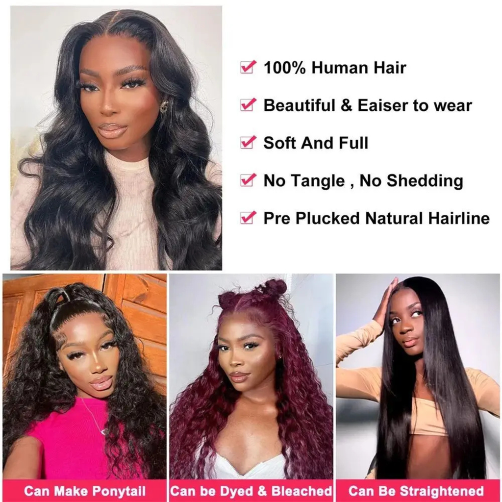 V part body wave human hair wig 100 percent Remy pre plucked natural hairline soft full texture no tangle no shedding can be dyed straightened and styled in multiple ways for women