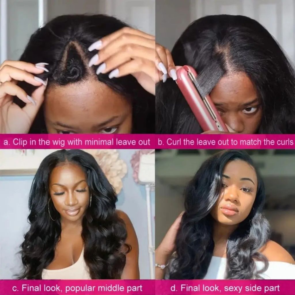 Step by step installation of V part body wave human hair wig showing clip in method leave out styling and final middle and side part natural look for women