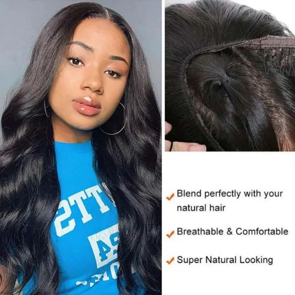 V part body wave human hair wig Brazilian Remy natural color showing seamless blend with natural hair breathable comfortable cap and realistic full look for women