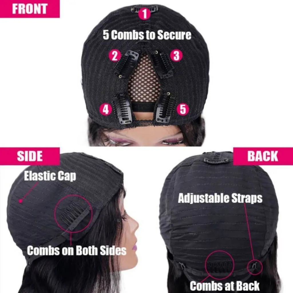 V part human hair wig cap construction showing five secure combs elastic cap adjustable straps and side and back clips for comfortable and secure fit
