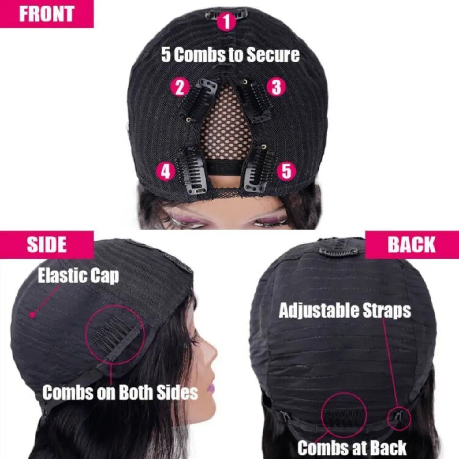 V part human hair wig cap construction showing five secure combs elastic cap adjustable straps and side and back clips for comfortable and secure fit
