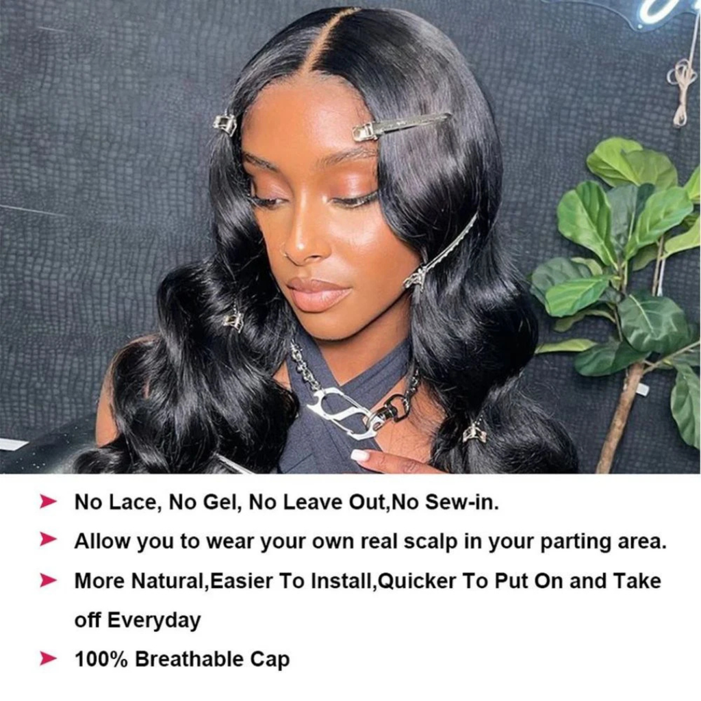 V part human hair wig body wave Brazilian Remy natural color no lace no gel no leave out breathable cap showing natural scalp parting easy wear everyday styling for women