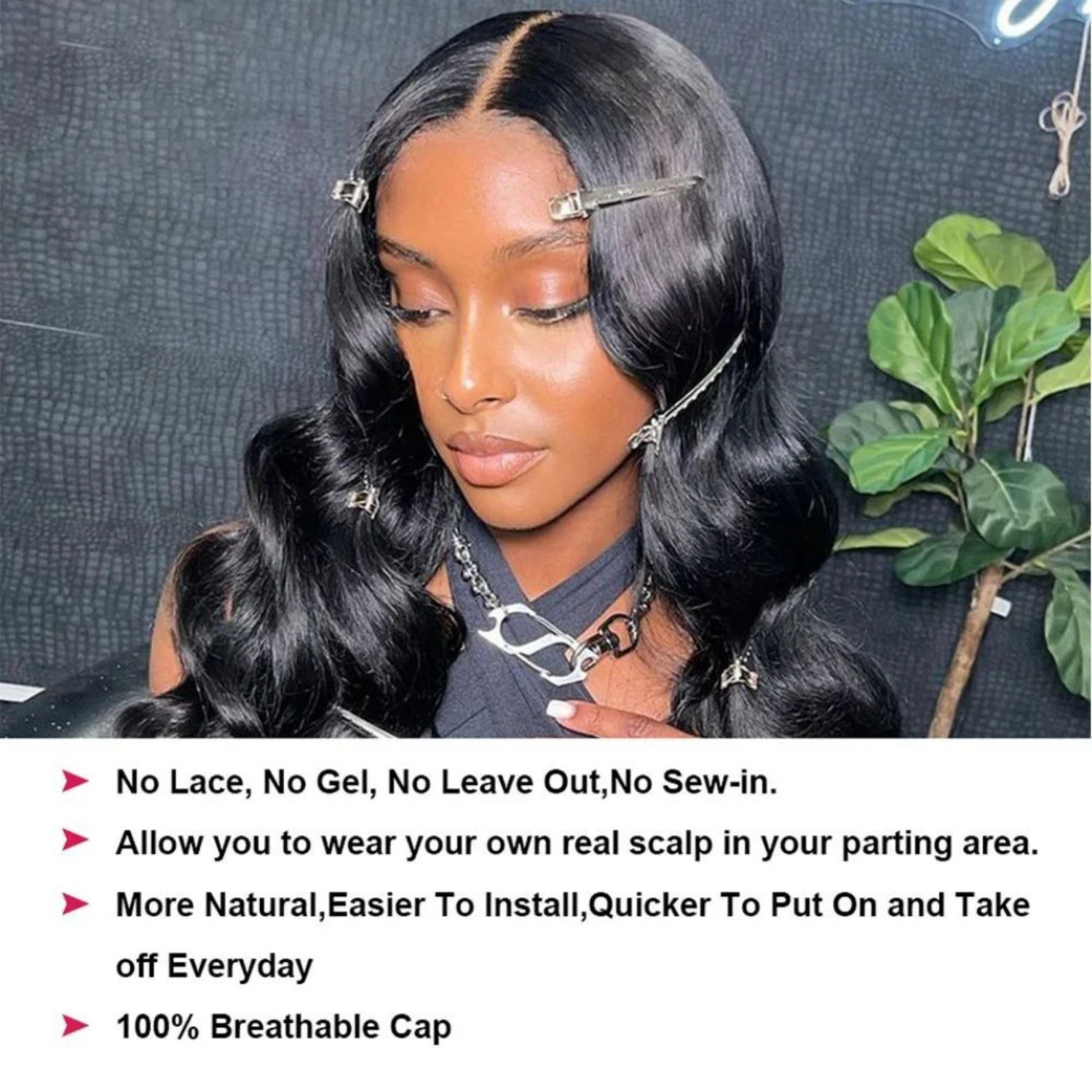 V part human hair wig body wave Brazilian Remy natural color no lace no gel no leave out breathable cap showing natural scalp parting easy wear everyday styling for women