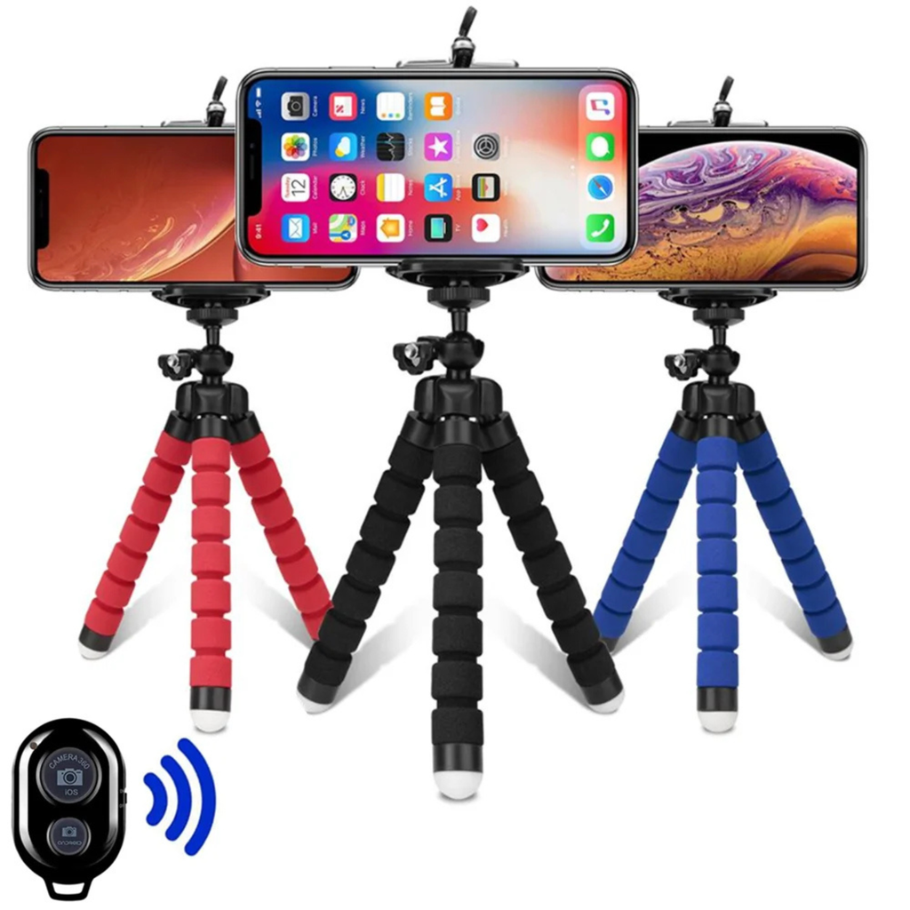VeFly flexible octopus mini tripod with smartphone holder and Bluetooth remote, portable camera stand in black, red and blue for mobile photography and video recording