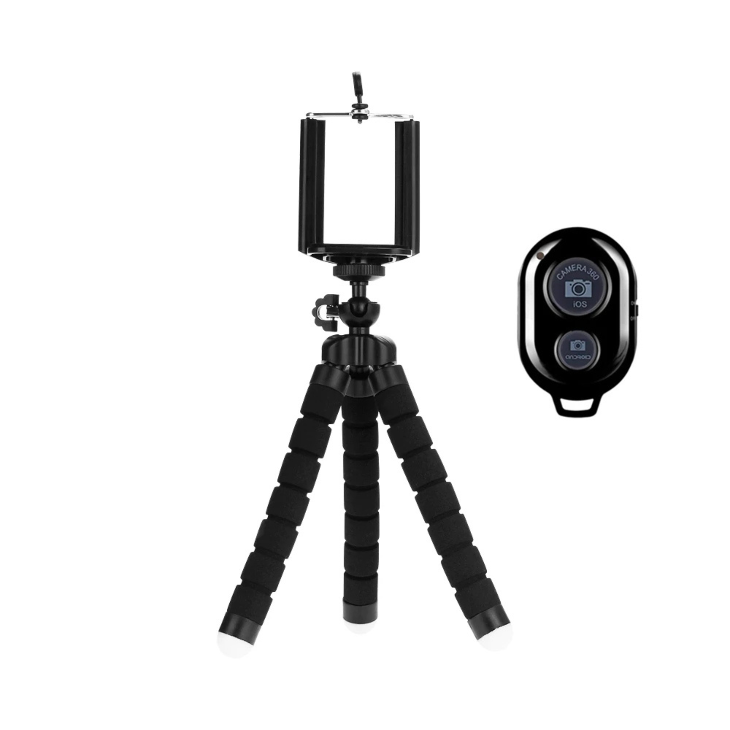 VeFly mini flexible tripod with smartphone holder and Bluetooth remote control, octopus style portable stand in black for mobile photography and video recording