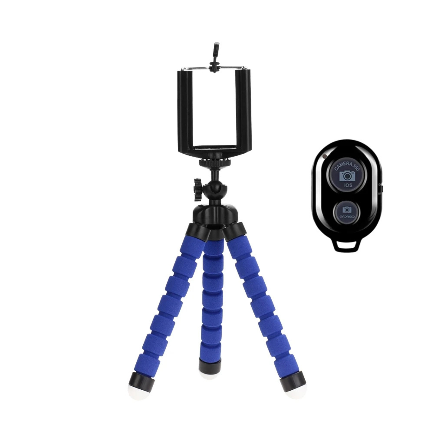 VeFly mini flexible tripod with smartphone holder and Bluetooth remote control, octopus style portable stand in blue for mobile photography and video recording