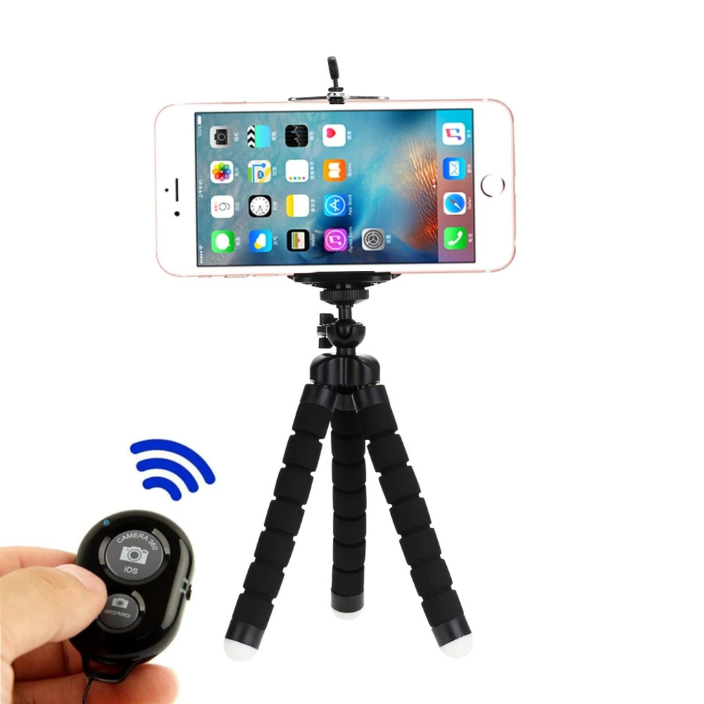 VeFly mini tripod with flexible octopus legs holding smartphone and Bluetooth remote control, portable camera stand for mobile photography and video recording